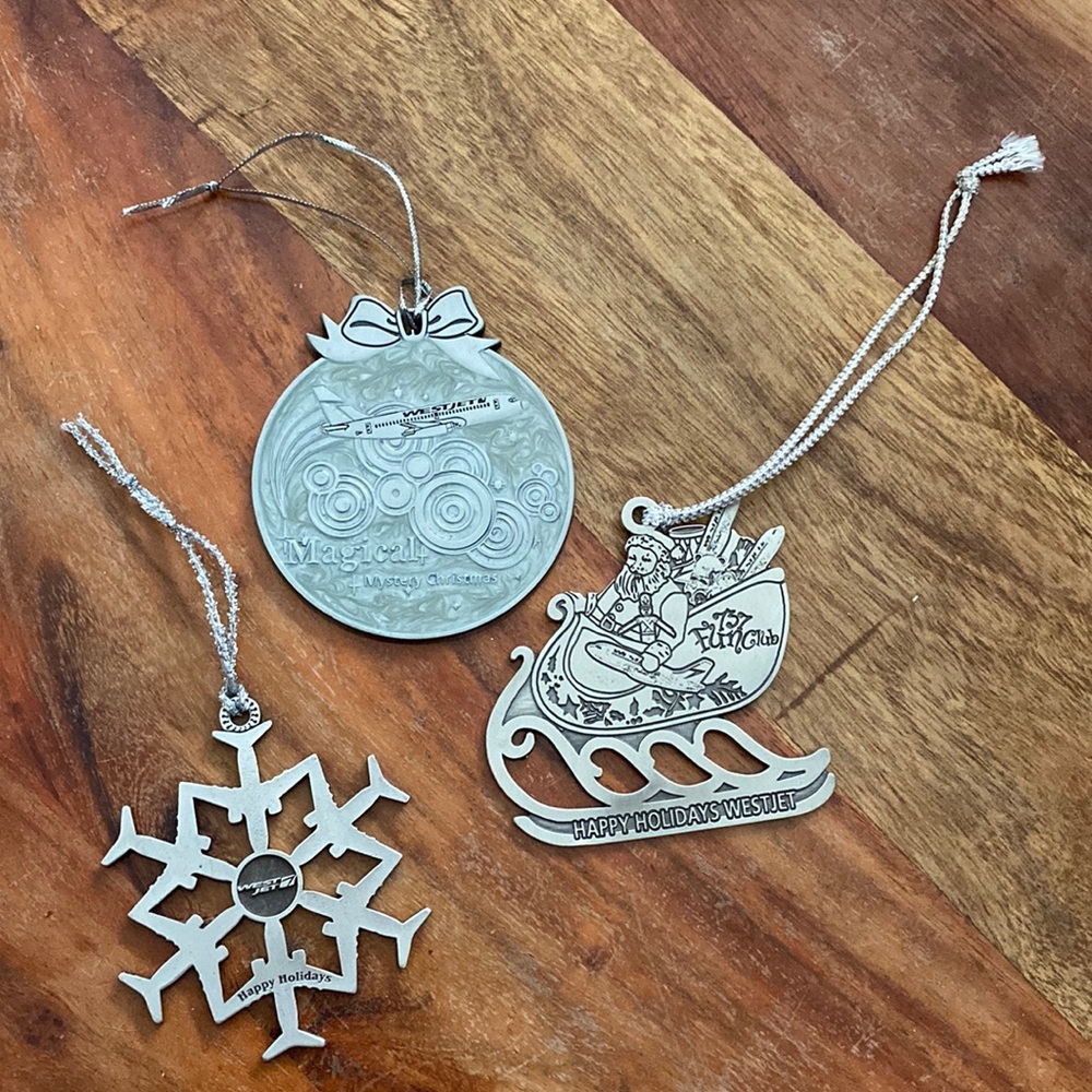WESTJET AIRLINES pewter Christmas ornaments lot of 3